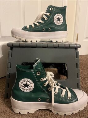 Converse  Green Leather High-Top Platform Sneakers